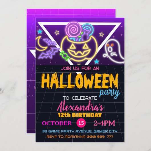 Halloween Party Spooky Geburtstag, Neon Einladung (Vorne/Hinten)
