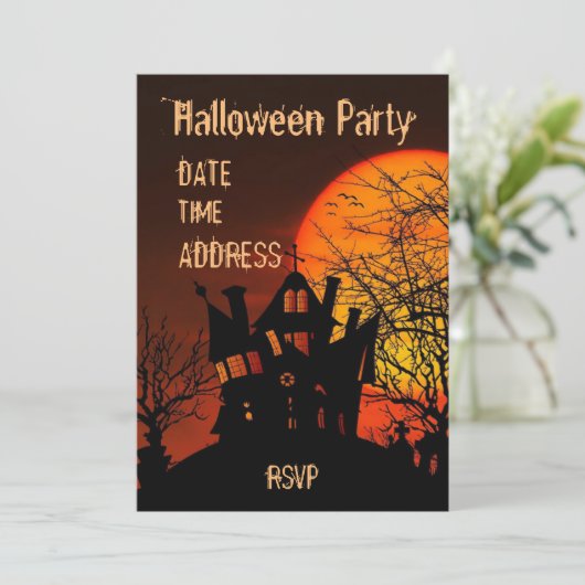 Halloween-Party Spuk Haus schwarz-orange Einladung (Stehend Vorderseite)