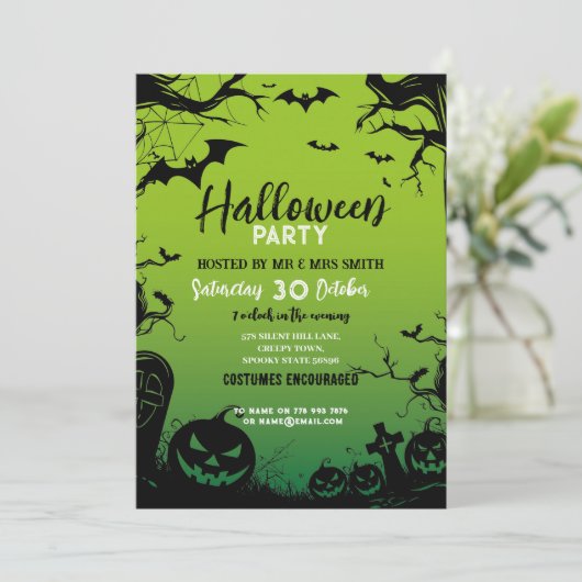 Halloween-Party Spuk Woods Fledermäuse grün Einladung (Stehend Vorderseite)
