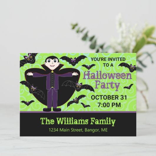 Halloween-Party Vampir mit Fledermäusen Einladung (Stehend Vorderseite)