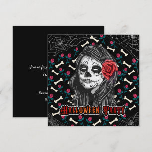 HALLOWEEN-PARTY ZUCKER SKULL MÄDCHEN & ROTE ROSEN EINLADUNG