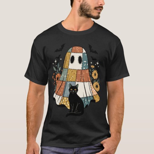 Halloween-Patchwork-Geist Schwarze Katze Florale F T-Shirt (Vorderseite)