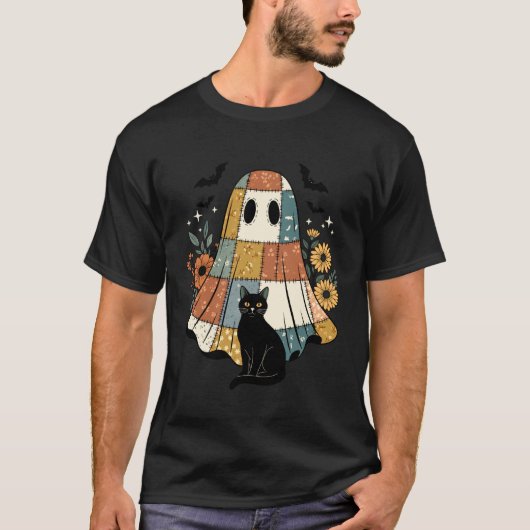 Halloween-Patchwork-Geist Schwarze Katze Florale F T-Shirt (Vorderseite)