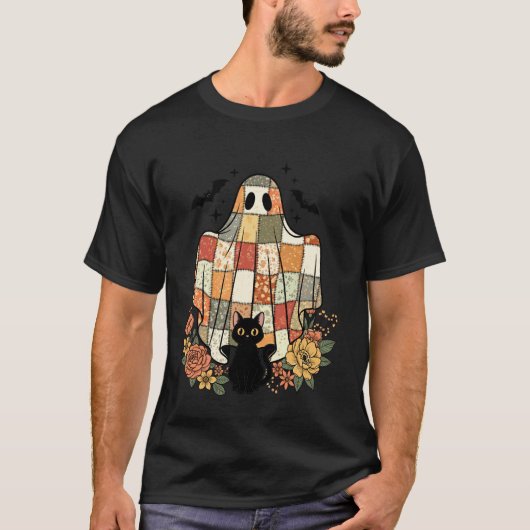 Halloween-Patchwork-Geist-Schwarze Katze Süßer Blu T-Shirt (Vorderseite)