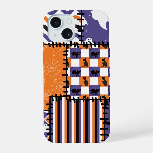 Halloween-Patchwork-Katzen-Geister iPhone 15 Hülle (Rückseite)