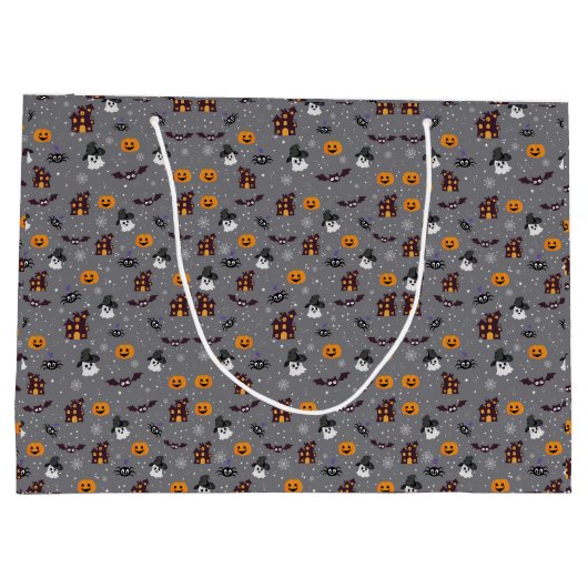 Halloween Pattern Grau Große Geschenktüte (Rückseite)