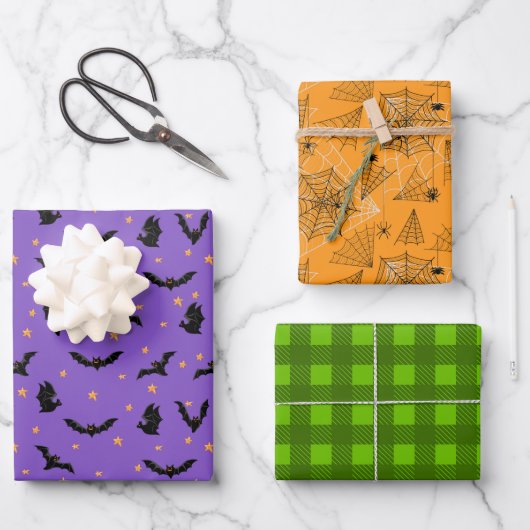 Halloween Patterns Bats Spiders Web Geschenkpapier Set (Vorderseite)