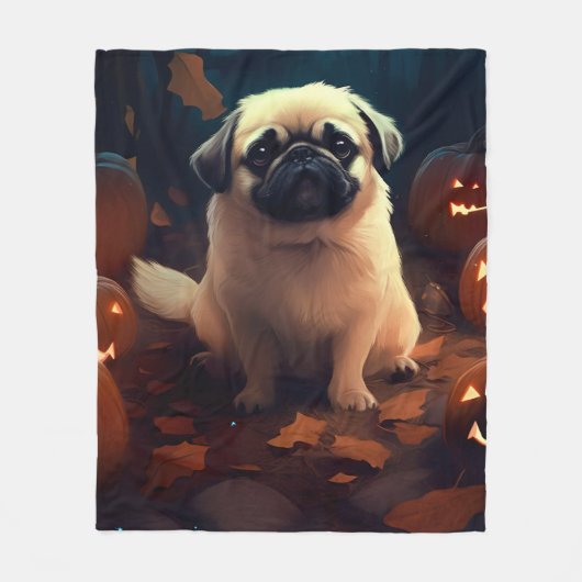 Halloween Pekingese mit Pumpkins Beängstigend Fleecedecke (Vorderseite)