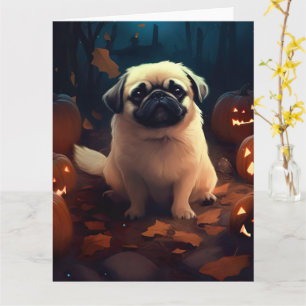 Halloween Pekingese mit Pumpkins Beängstigend Karte
