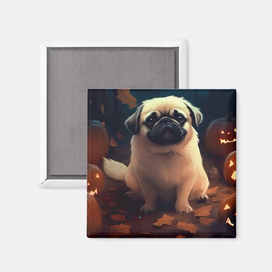 Halloween Pekingese mit Pumpkins Beängstigend Magnet (Vorderseite/Rückseite)