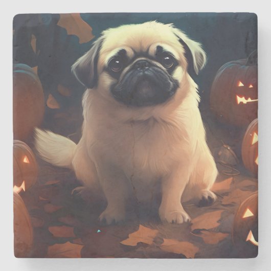 Halloween Pekingese mit Pumpkins Beängstigend Steinuntersetzer (Vorderseite)