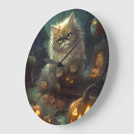 Halloween Persische Katze mit Kürbiskugeln Beängst Große Wanduhr (Winkel)