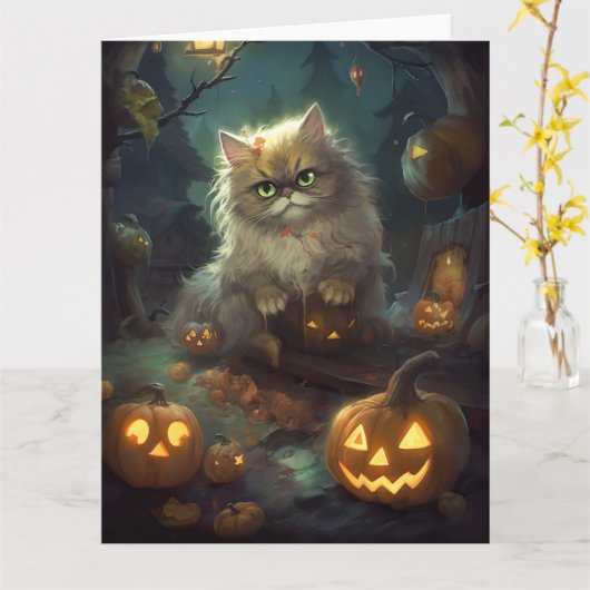 Halloween Persische Katze mit Kürbiskugeln Beängst Karte (Gelbe Blume)