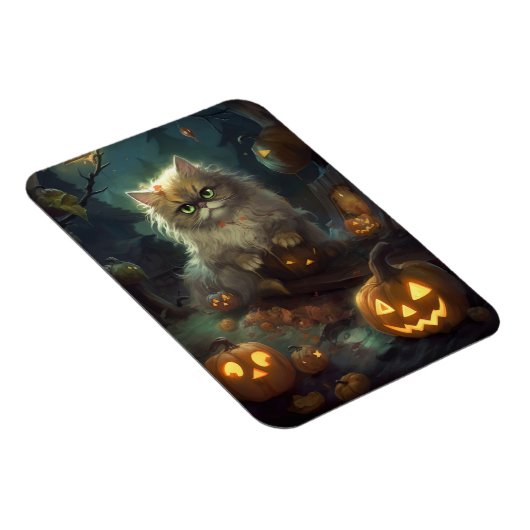 Halloween Persische Katze mit Kürbiskugeln Beängst Magnet (Rechte Seite)