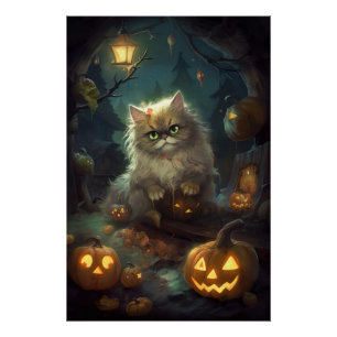 Halloween Persische Katze mit Kürbiskugeln Beängst Poster