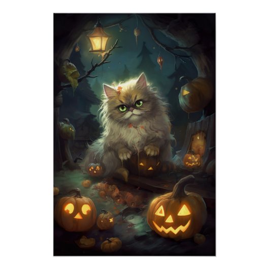 Halloween Persische Katze mit Kürbiskugeln Beängst Poster (Vorderseite)