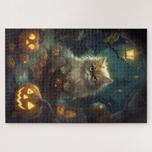 Halloween Persische Katze mit Kürbiskugeln Beängst Puzzle (Horizontal)