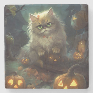 Halloween Persische Katze mit Kürbiskugeln Beängst Steinuntersetzer