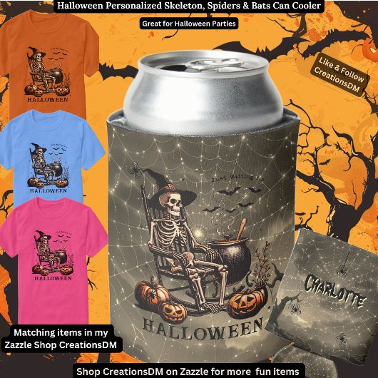 Halloween Personalisiert Skelett, Spinnen & Fleder Dosenkühler