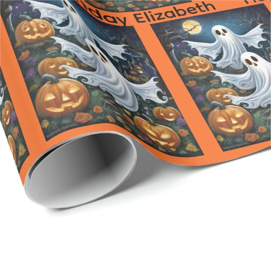 Halloween Personalize Name Spooky Ghost Geschenkpapier (Rolleneckpunkt)