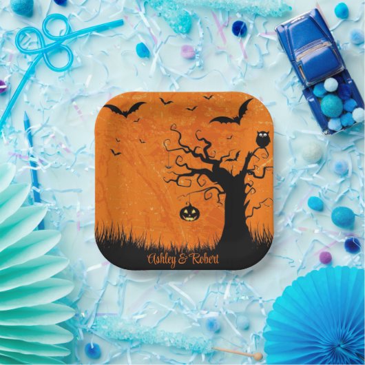 Halloween Personalize Names Spooky Tree Pappteller (Party)