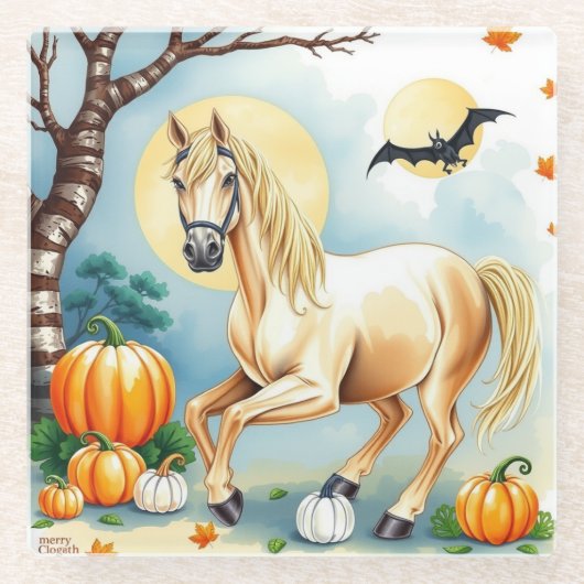Halloween-Pferd mit Kürbis Glasuntersetzer (Vorderseite)