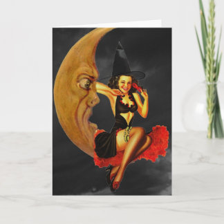 Halloween Pin-Up Mädchen Hexe auf dem Mond Grußkar Karte