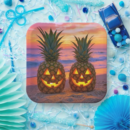 Halloween Pineapple Jack-o-lanterns On a Beach Pappteller (Party)