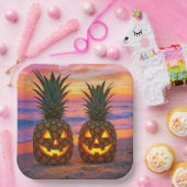 Halloween Pineapple Jack-o-lanterns On a Beach Pappteller (Party)