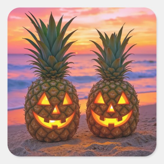 Halloween Pineapple Jack-o-lanterns On a Beach Quadratischer Aufkleber (Vorderseite)