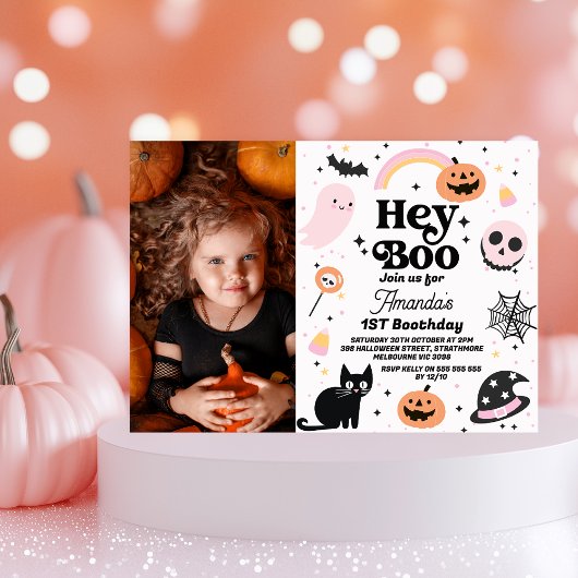 Halloween Pink Black Hey Boo 1. Geburtstag Einladung