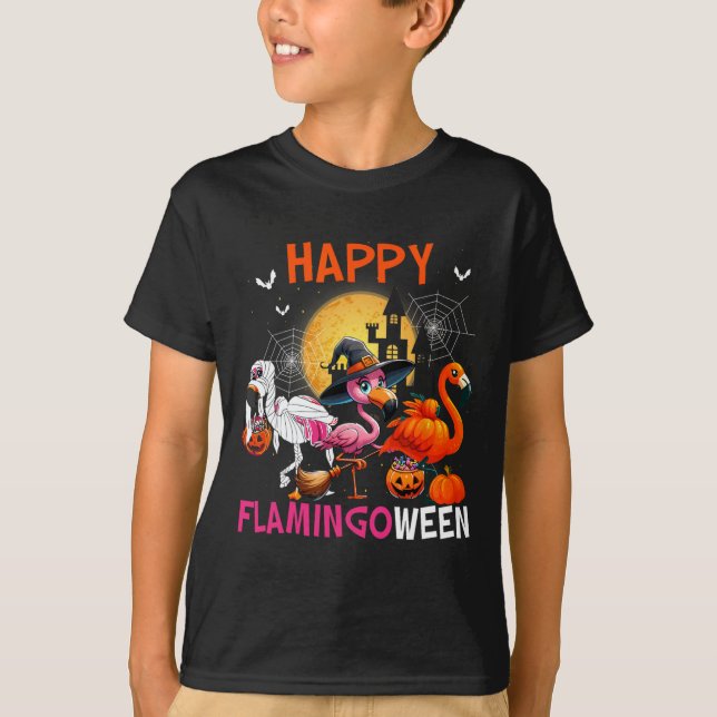 Halloween Pink Flamingo Kostüm Skeleton Hexe T-Shirt (Vorderseite)