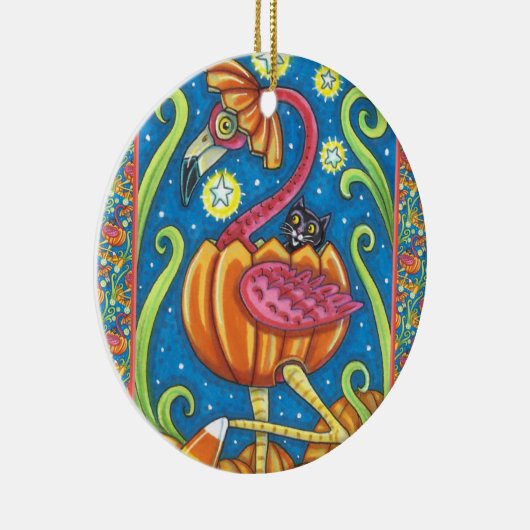 HALLOWEEN PINK FLAMINGO & SCHWARZE KATZE IN PUMPKI KERAMIK ORNAMENT (Rechts)