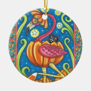 HALLOWEEN PINK FLAMINGO & SCHWARZE KATZE IN PUMPKI KERAMIK ORNAMENT
