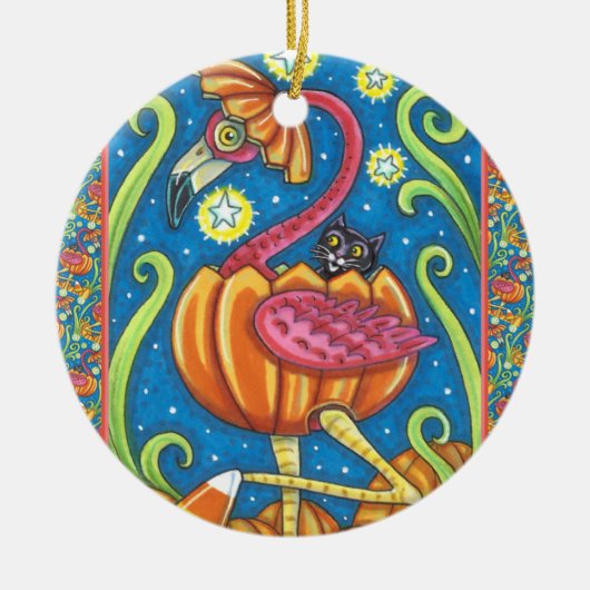 HALLOWEEN PINK FLAMINGO & SCHWARZE KATZE IN PUMPKI KERAMIK ORNAMENT (Vorne)