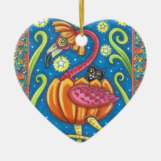 HALLOWEEN PINK FLAMINGO & SCHWARZE KATZE IN PUMPKI KERAMIK ORNAMENT (Vorne)
