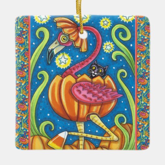 HALLOWEEN PINK FLAMINGO & SCHWARZE KATZE IN PUMPKI KERAMIKORNAMENT (Vorderseite)