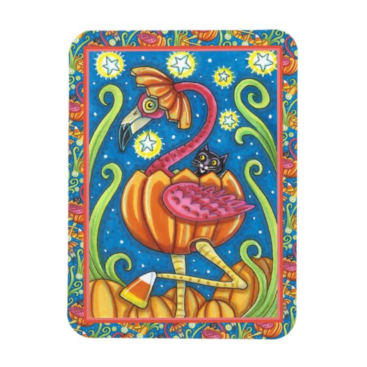 HALLOWEEN PINK FLAMINGO & SCHWARZE KATZE IN PUMPKI MAGNET (Vertikal)