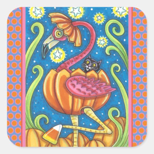 HALLOWEEN PINK FLAMINGO & SCHWARZE KATZE IN PUMPKI QUADRATISCHER AUFKLEBER (Vorderseite)