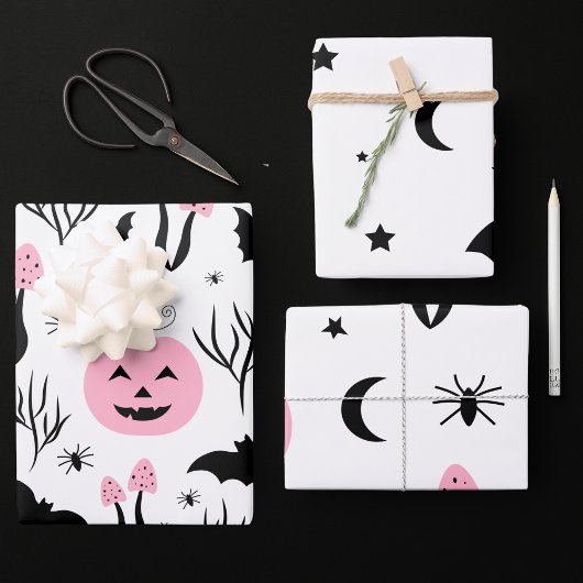Halloween Pink Pumpkin Bat Moon Star Spirit Party Geschenkpapier Set