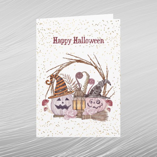 Halloween Pink Pumpkin Lantern Mushroom Floral Karte