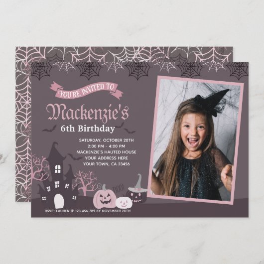 Halloween Pink und Schwarz Einladung mit Foto (Vorne/Hinten)