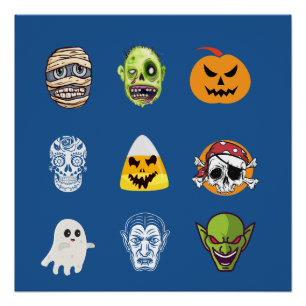 Halloween Pirate Skeleton Zombie Mummy Funny Faces Poster