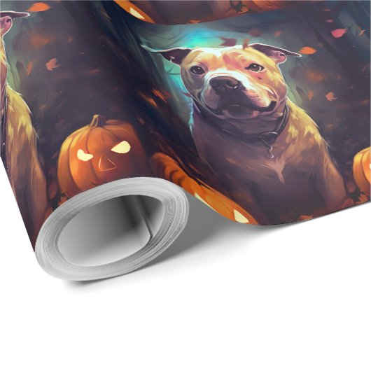 Halloween Pitbull mit Pumpkins Beängstigend Geschenkpapier (Rolleneckpunkt)