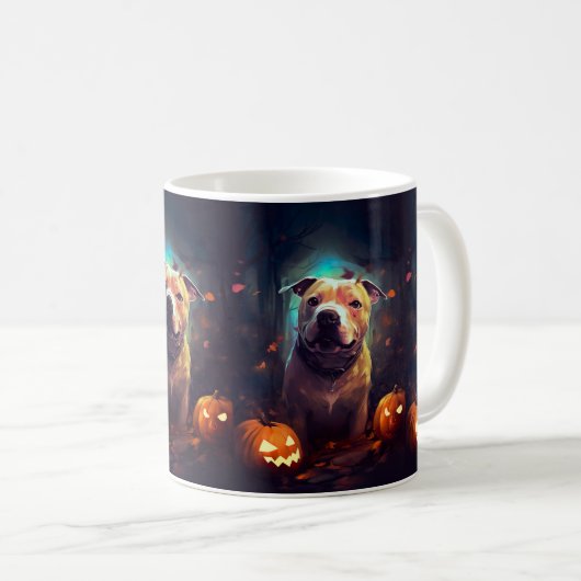 Halloween Pitbull mit Pumpkins Beängstigend Kaffeetasse (VorderseiteRechts)