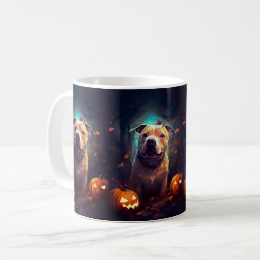 Halloween Pitbull mit Pumpkins Beängstigend Kaffeetasse (Vorderseite Links)