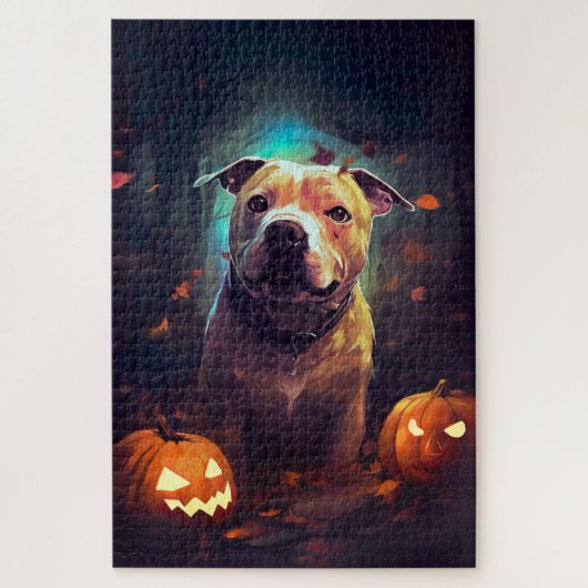 Halloween Pitbull mit Pumpkins Beängstigend Puzzle (Vertikal)
