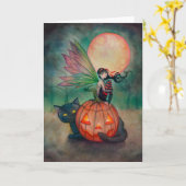 Halloween Pixie Fairy und Black Cat Fantasy Art Karte (Gelbe Blume)