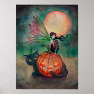 Halloween-Pixie-Fee und schwarze Katze Fantasy-Kun Poster
