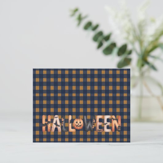 Halloween Plaid Pumpkin Greeting Postkarte (Stehend Vorderseite)